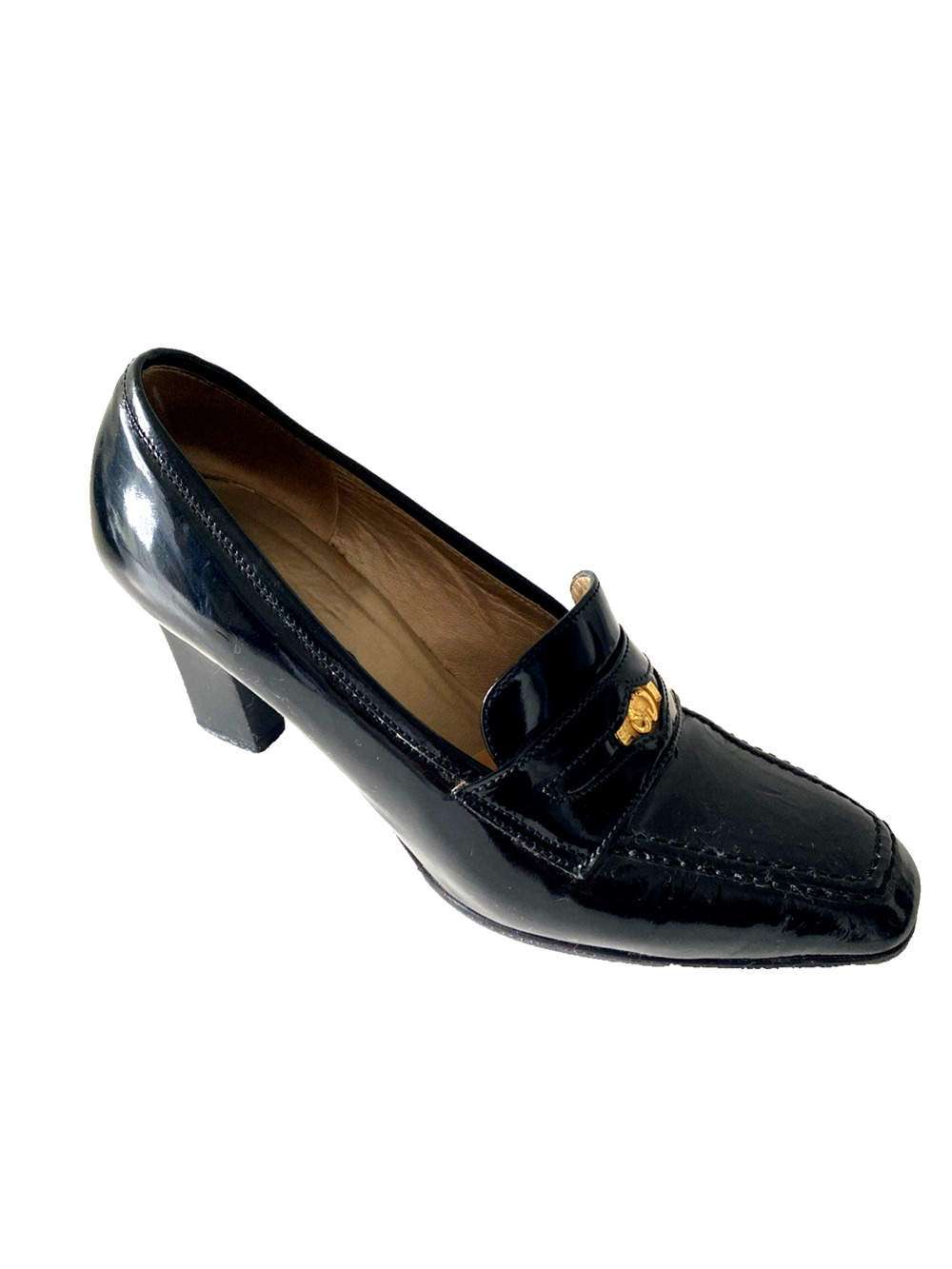 St John Pump Black Patent Leather Penny Loafer Square Toe Block Heel 7 B Vintage